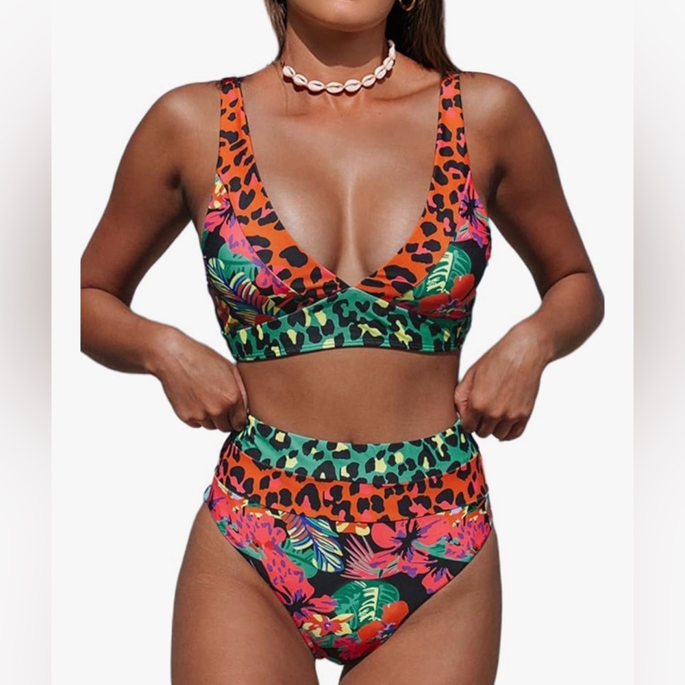 Tropical Leopard High-Waist Bikini Set
